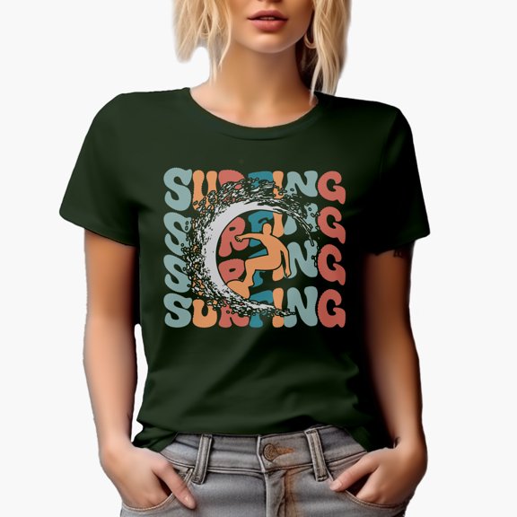 Surfing with a Breaker & Surfer Image,, Groovy Retro Wavy Text Merch Gift, Military Green T-Shirt, Medium