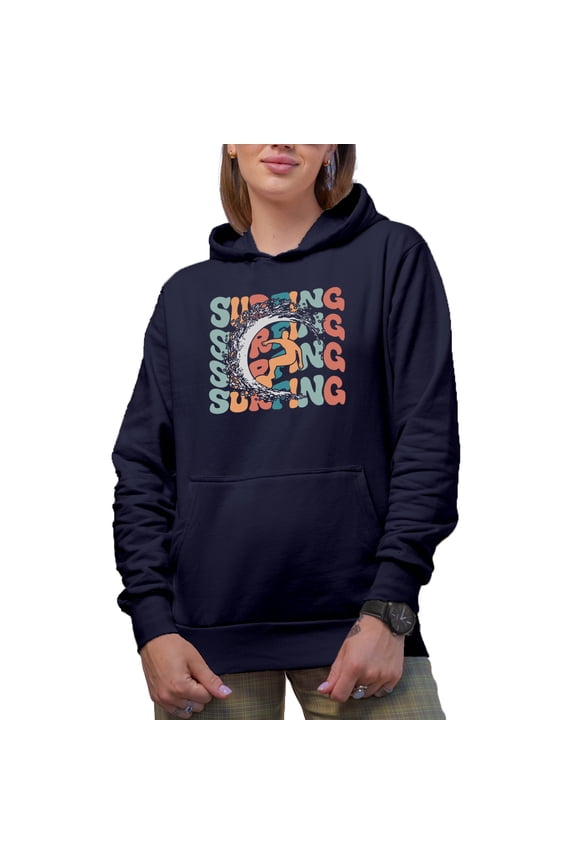 Surfing with a Breaker & Surfer Image,, Groovy Retro Wavy Text Merch Gift, Navy Blue Hooded Sweatshirt or Hoodie, Small