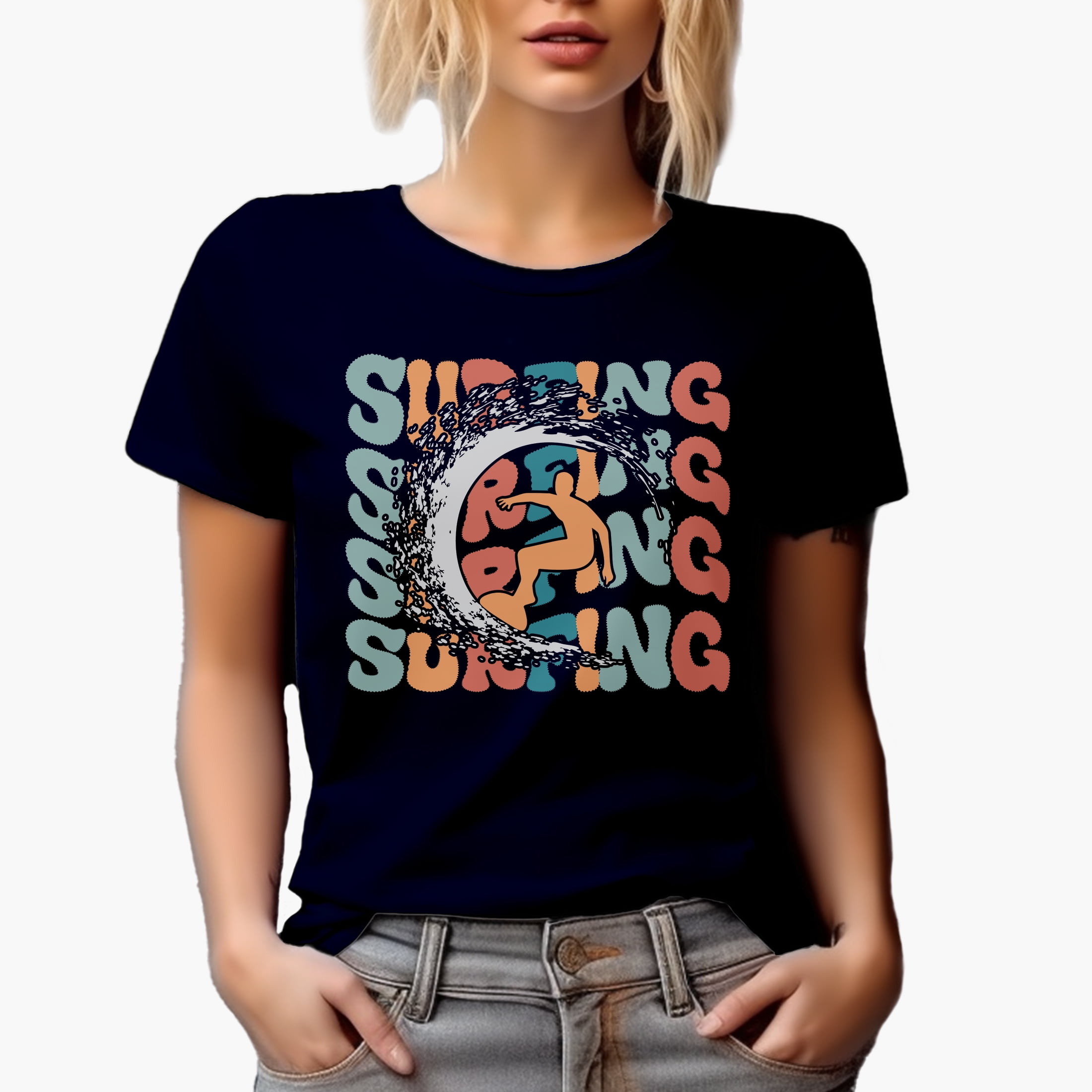Surfing with a Breaker & Surfer Image,, Groovy Retro Wavy Text Merch Gift, Navy Blue T-Shirt, 2XL