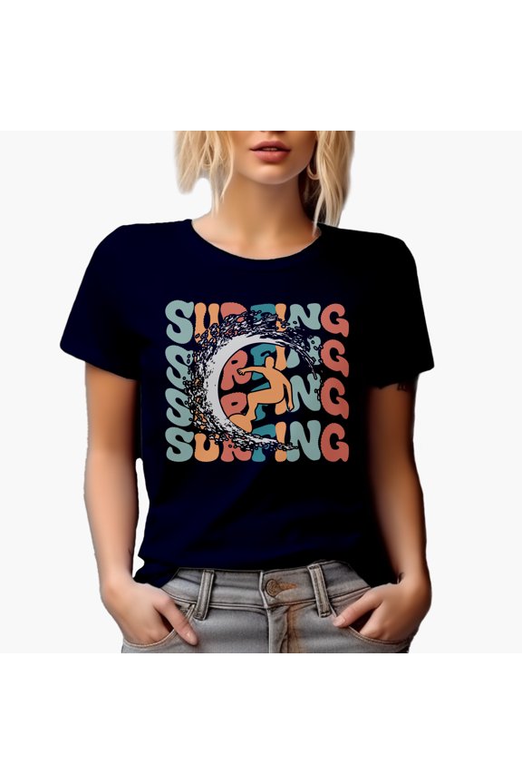 Surfing with a Breaker & Surfer Image,, Groovy Retro Wavy Text Merch Gift, Navy Blue T-Shirt, XL