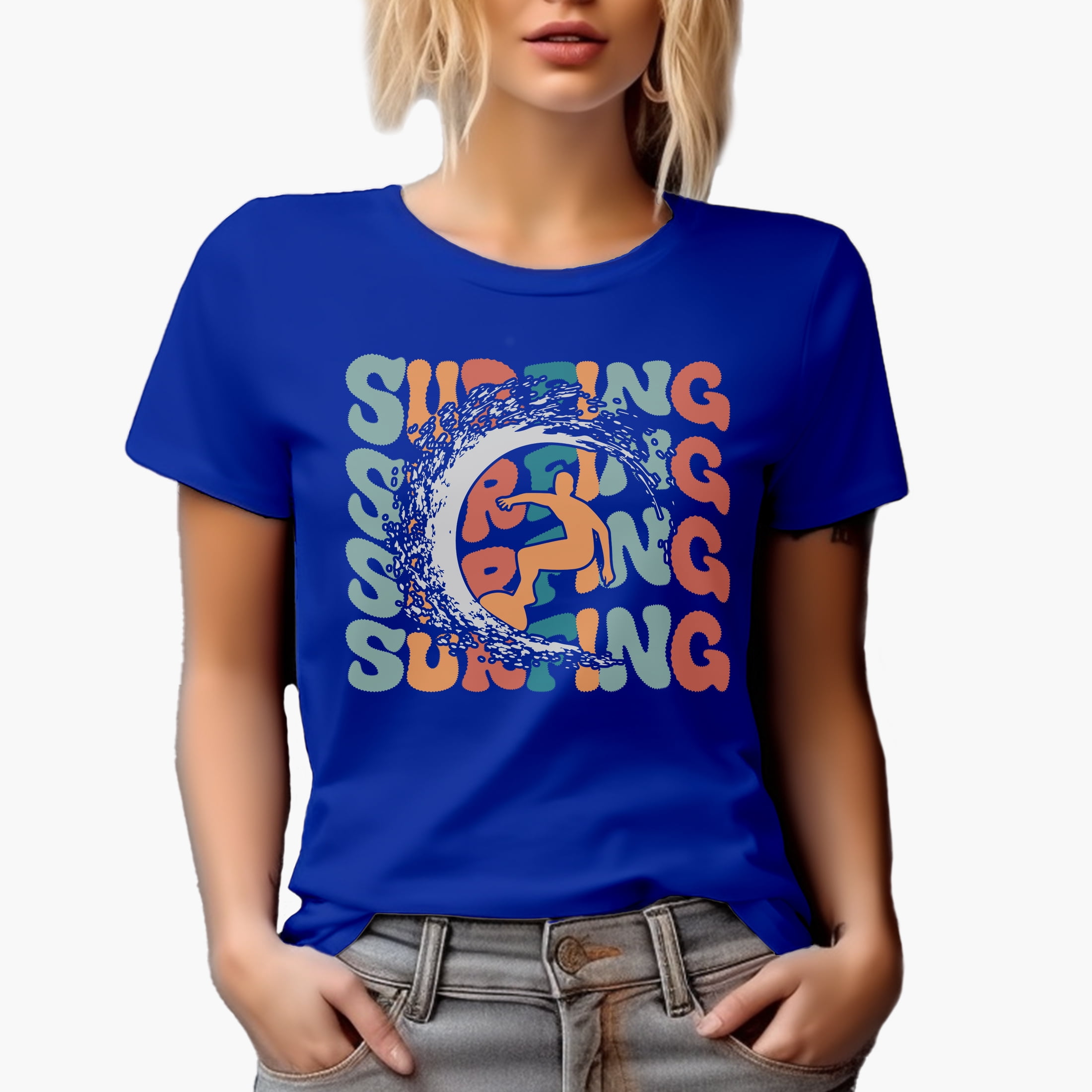 Surfing with a Breaker & Surfer Image,, Groovy Retro Wavy Text Merch Gift, Royal Blue T-Shirt, Medium