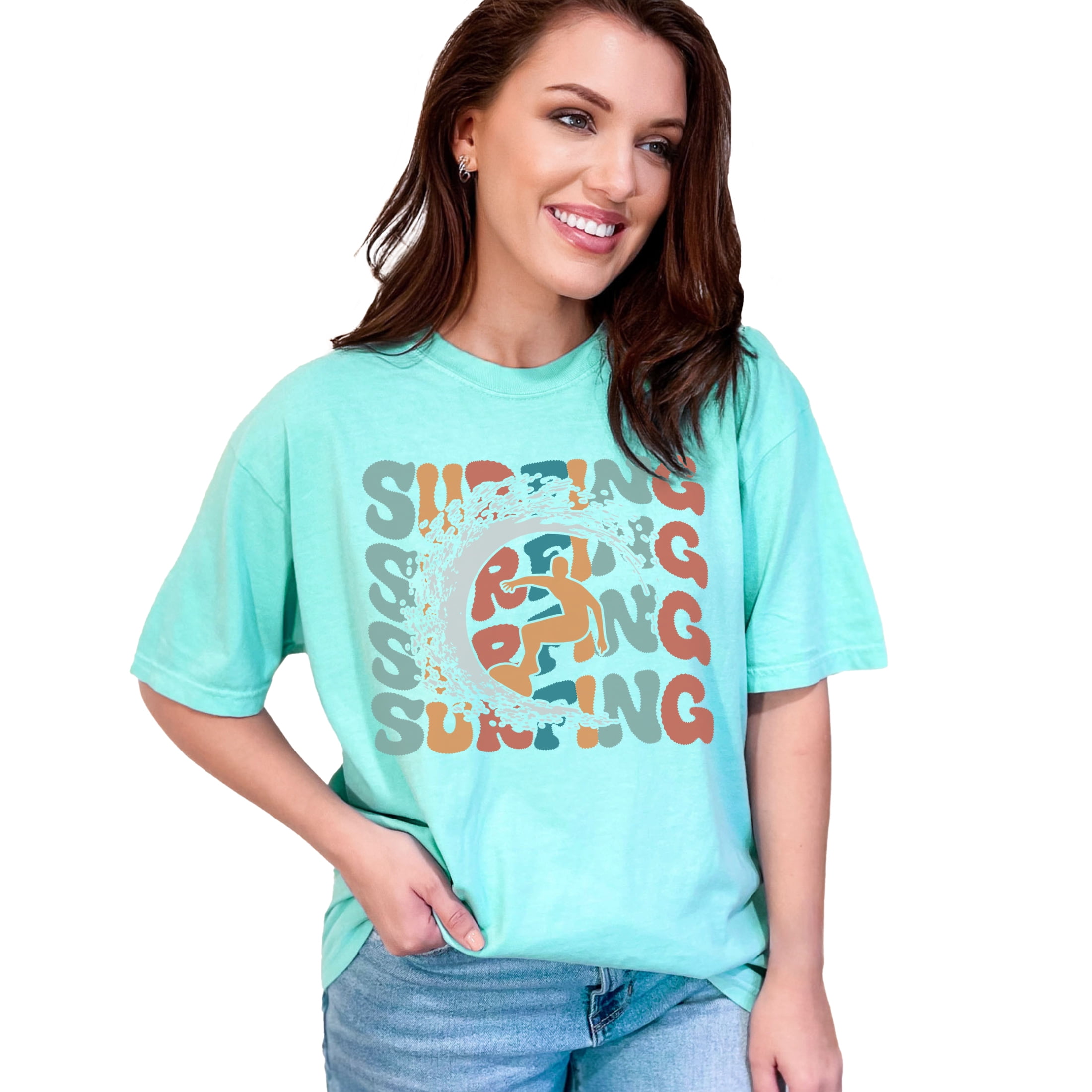 Surfing with a Surfer Image, Groovy Retro Wavy Text, Chalky Mint Comfort Colors T-Shirt, XL