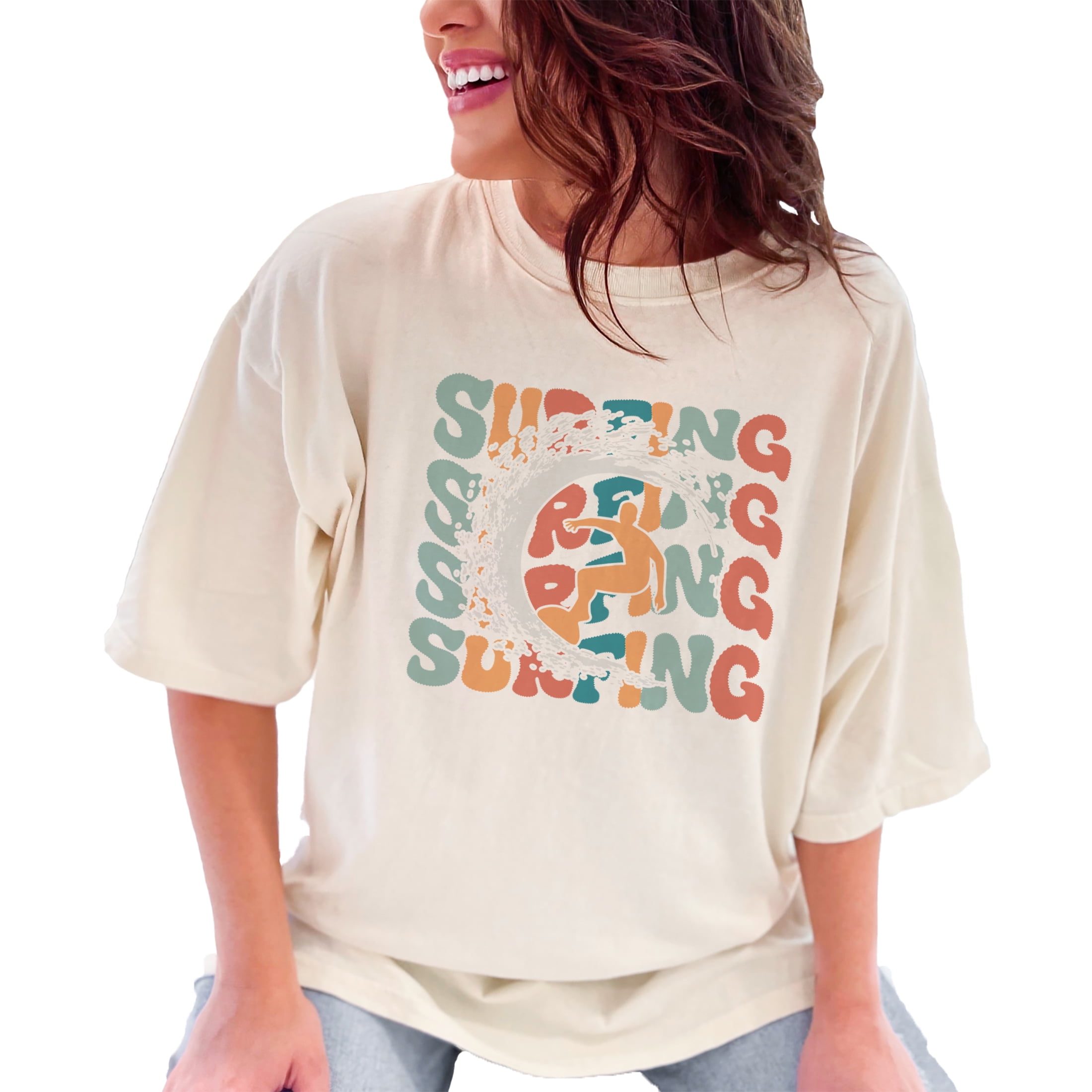 Surfing with a Surfer Image, Groovy Retro Wavy Text, Ivory Comfort Colors T-Shirt, 3XL