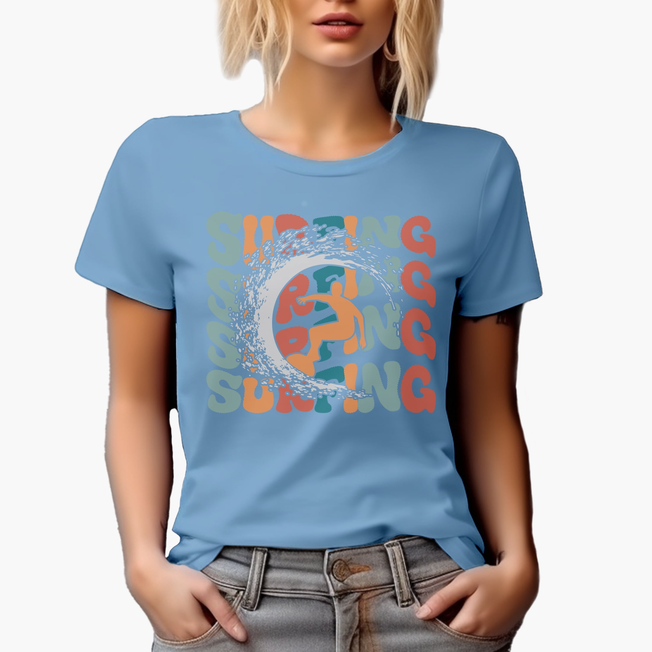 Surfing with a Surfer Image, Groovy Retro Wavy Text Merch Gift, Baby Blue T-Shirt, Small