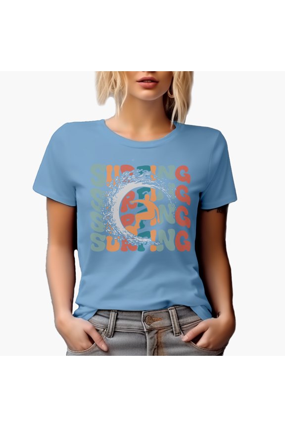 Surfing with a Surfer Image, Groovy Retro Wavy Text Merch Gift, Baby Blue T-Shirt, XL