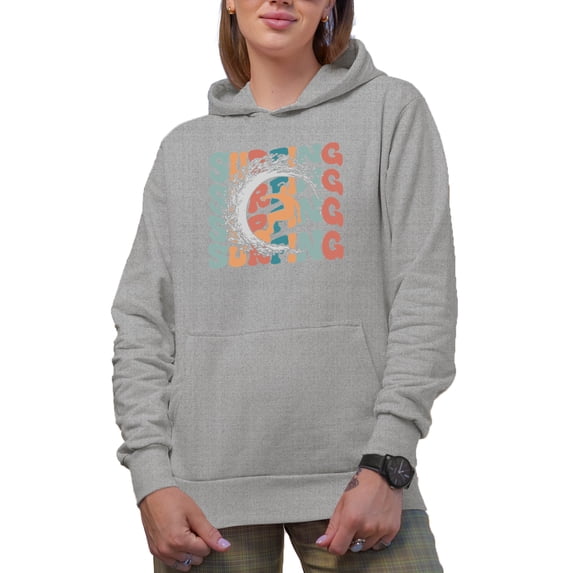 Surfing with a Surfer Image, Groovy Retro Wavy Text Merch Gift, Heather Grey Hooded Sweatshirt or Hoodie, Medium