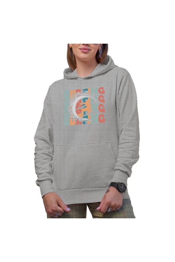 Surfing with a Surfer Image, Groovy Retro Wavy Text Merch Gift, Heather Grey Hooded Sweatshirt or Hoodie, Small