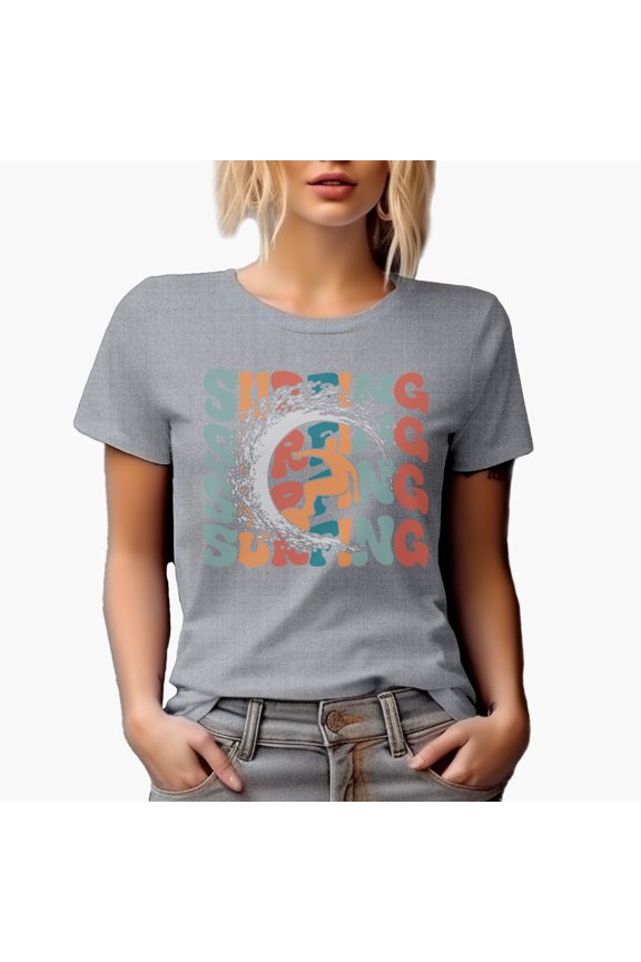 Surfing with a Surfer Image, Groovy Retro Wavy Text Merch Gift, Heather Grey T-Shirt, Medium