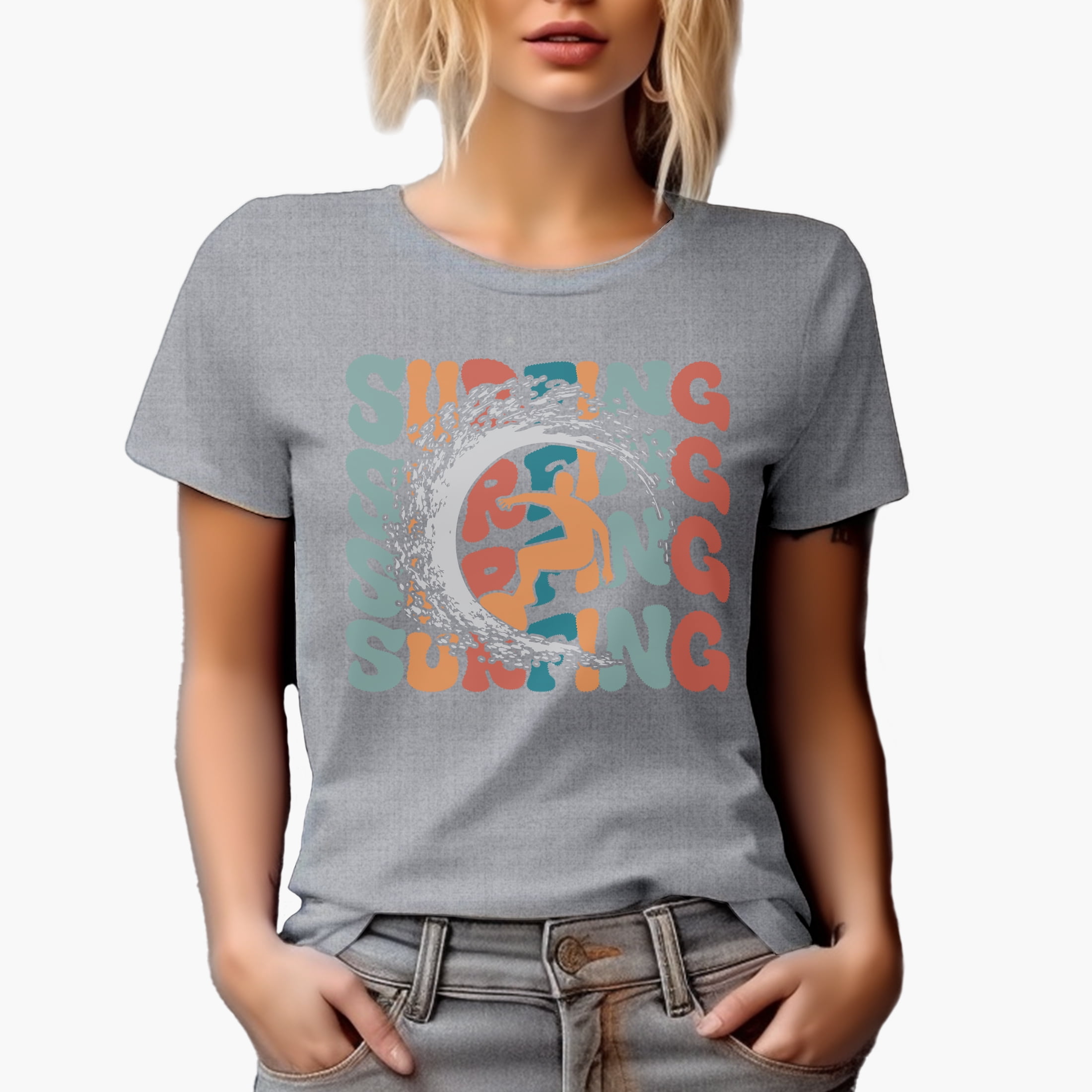 Surfing with a Surfer Image, Groovy Retro Wavy Text Merch Gift, Heather Grey T-Shirt, XL