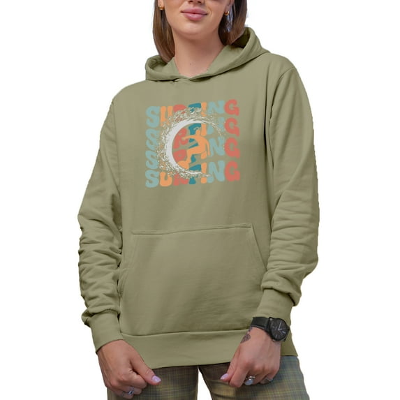 Surfing with a Surfer Image, Groovy Retro Wavy Text Merch Gift, Sand Hooded Sweatshirt or Hoodie, XL