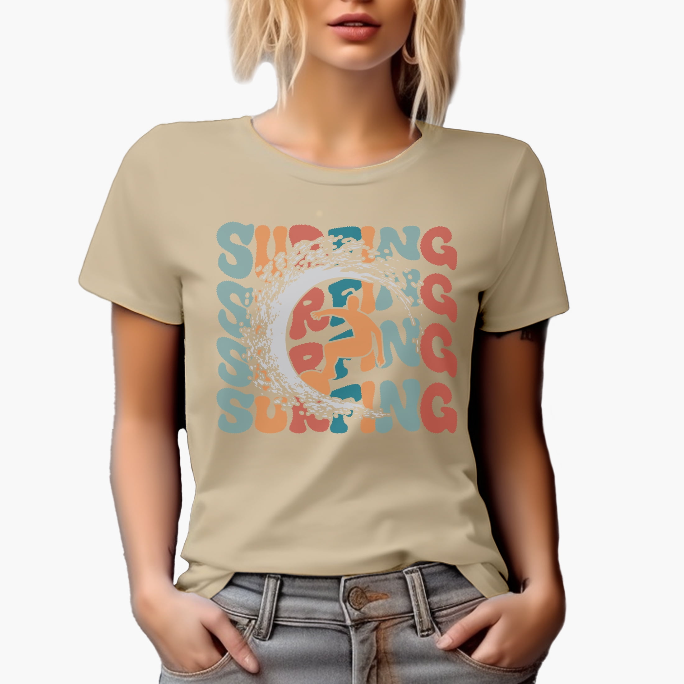 Surfing with a Surfer Image, Groovy Retro Wavy Text Merch Gift, Tan T-Shirt, XL