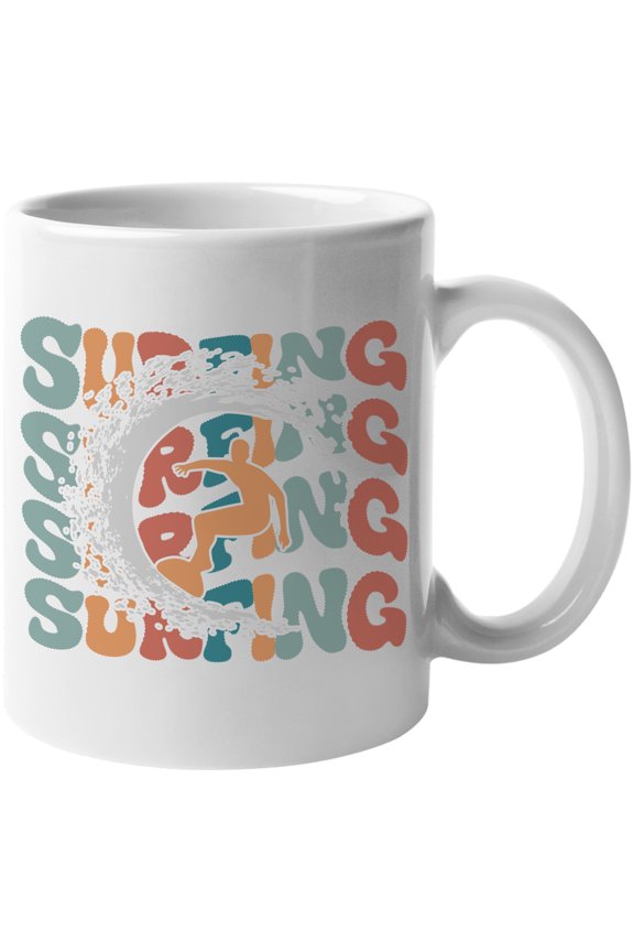 Surfing with a Surfer Image, Groovy Retro Wavy Text Merch Gift, White 11oz Ceramic Mug
