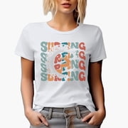 Surfing with a Surfer Image, Groovy Retro Wavy Text Merch Gift, White T-Shirt, Small