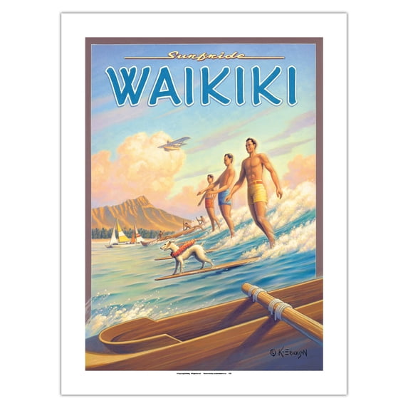 Surfride Waikiki - Surfriders Hawaii - Diamond Head Crater - Vintage Hawaiian Travel Poster by Kerne Erickson - Bamboo Fine Art 290gsm Paper Print (Unframed) 18x24in