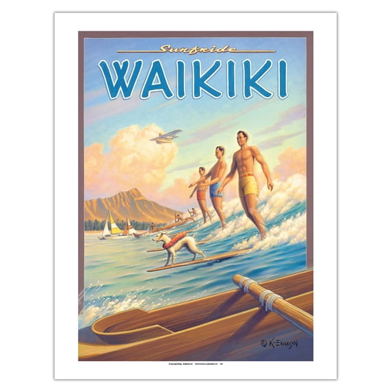 Surfride Waikiki - Surfriders Hawaii - Diamond Head Crater - Vintage Hawaiian Travel Poster by Kerne Erickson - Bamboo Fine Art 290gsm Paper (Unframed) 17x22in