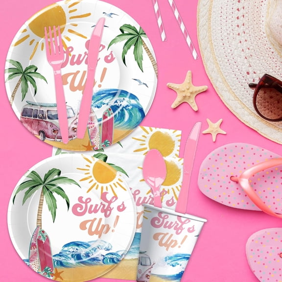 Surfs Up Party Decorations Tableware Girls - Pink Surf Birthday Party Supplies, Paper Plate, Cup, Napkin, Cutlery, Tablecloth, Summer Hawaiian Beach Surfing Birthday Decorations | Serve 24