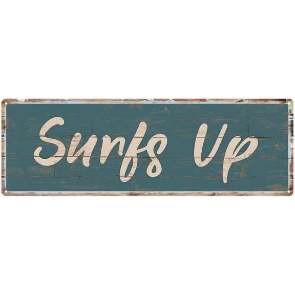 Surfs Up Beach Style Wood Look Sign Gift Green 6x18 Metal Decor 106180086038