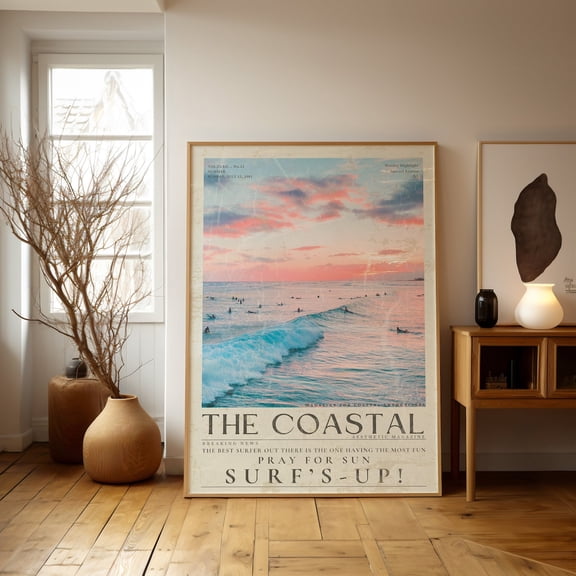 Surfs Up Vintage Newspaper Wall Art Coastal Sunset Decor, Unframed Paper Print Size 8x12