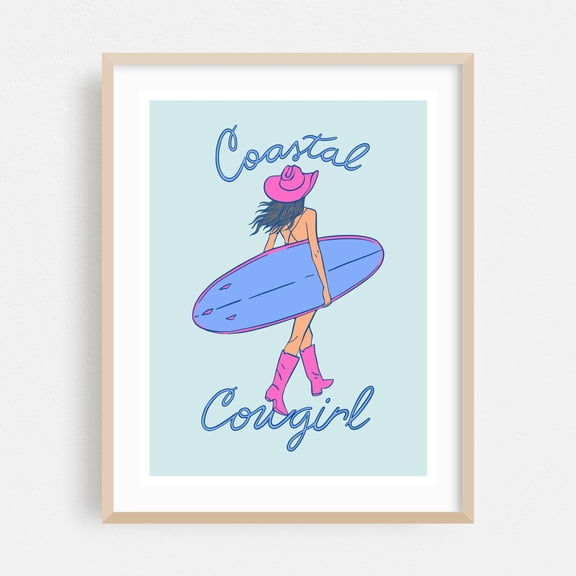 Surfside Serenity - Digital Art Coastal Surfboard Cowboy Beach Pastel Summer Illustration Oak Framed Wall Art Print 5 x 7 inches