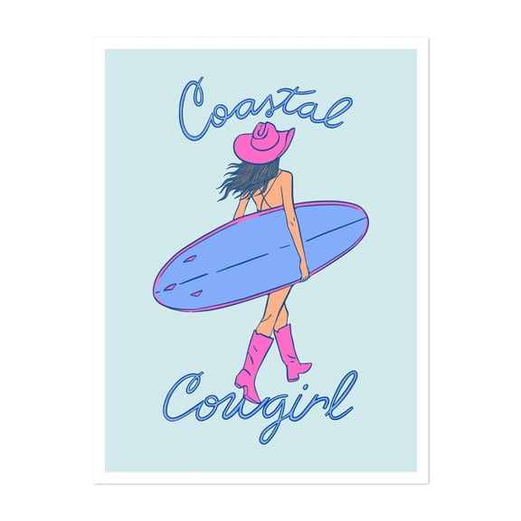 Surfside Serenity - Digital Art Coastal Surfboard Cowboy Beach Pastel Summer Illustration Unframed Wall Art Print 30 x 40 inches