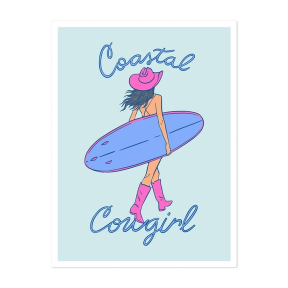Surfside Serenity - Digital Art Coastal Surfboard Cowboy Beach Pastel Summer Illustration Unframed Wall Art Print 5 x 7 inches