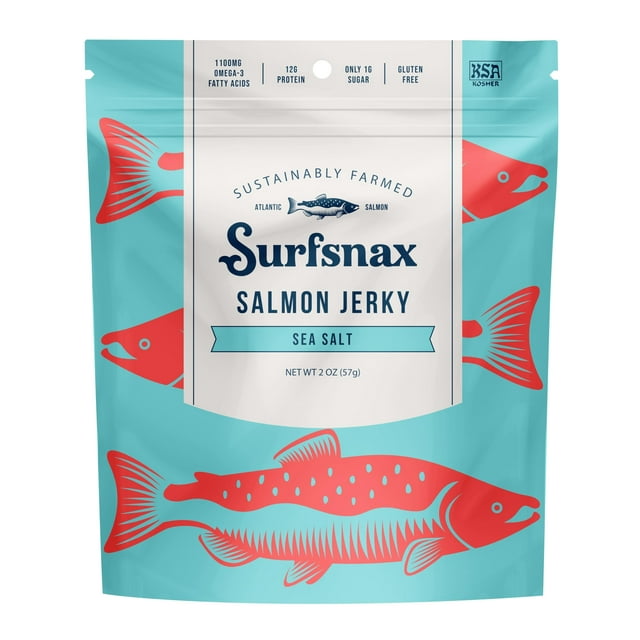 Surfsnax Salmon Jerky, Sea OIF8 Salt Flavor, Fresh Atlantic Salmon