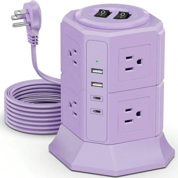 Surge Protector Power Strip Tower 8 AC and 4 Usb 2 Type-C 6.5Ft Flat Plug 2 Switches