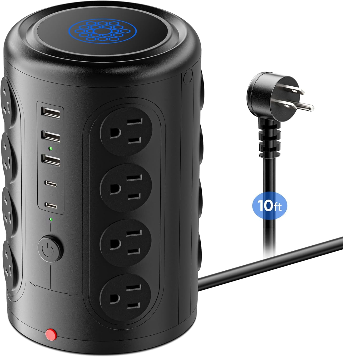 Surge Protector 10 FT Cord, Vertical Power Tower with 16 Outlets and 5 USB Ports (2 USB-C), 1875W 2000J Charging Station for Home Office Desk, Dorm Room Essentials, Black