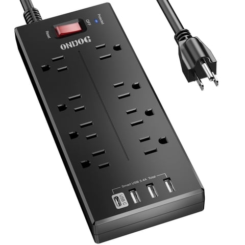Surge Protector - 8 AC Outlets and 4 USB Ports (1 USB-C), 6ft Extension Cord Power Strip for Home, Office, Black