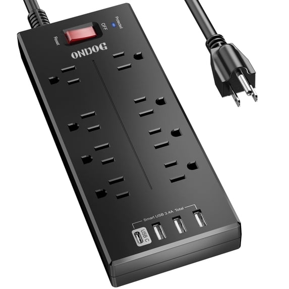 Surge Protector - 8 AC Outlets and 4 USB Ports (1 USB-C), 6ft Extension Cord Power Strip for Home, Office, Black