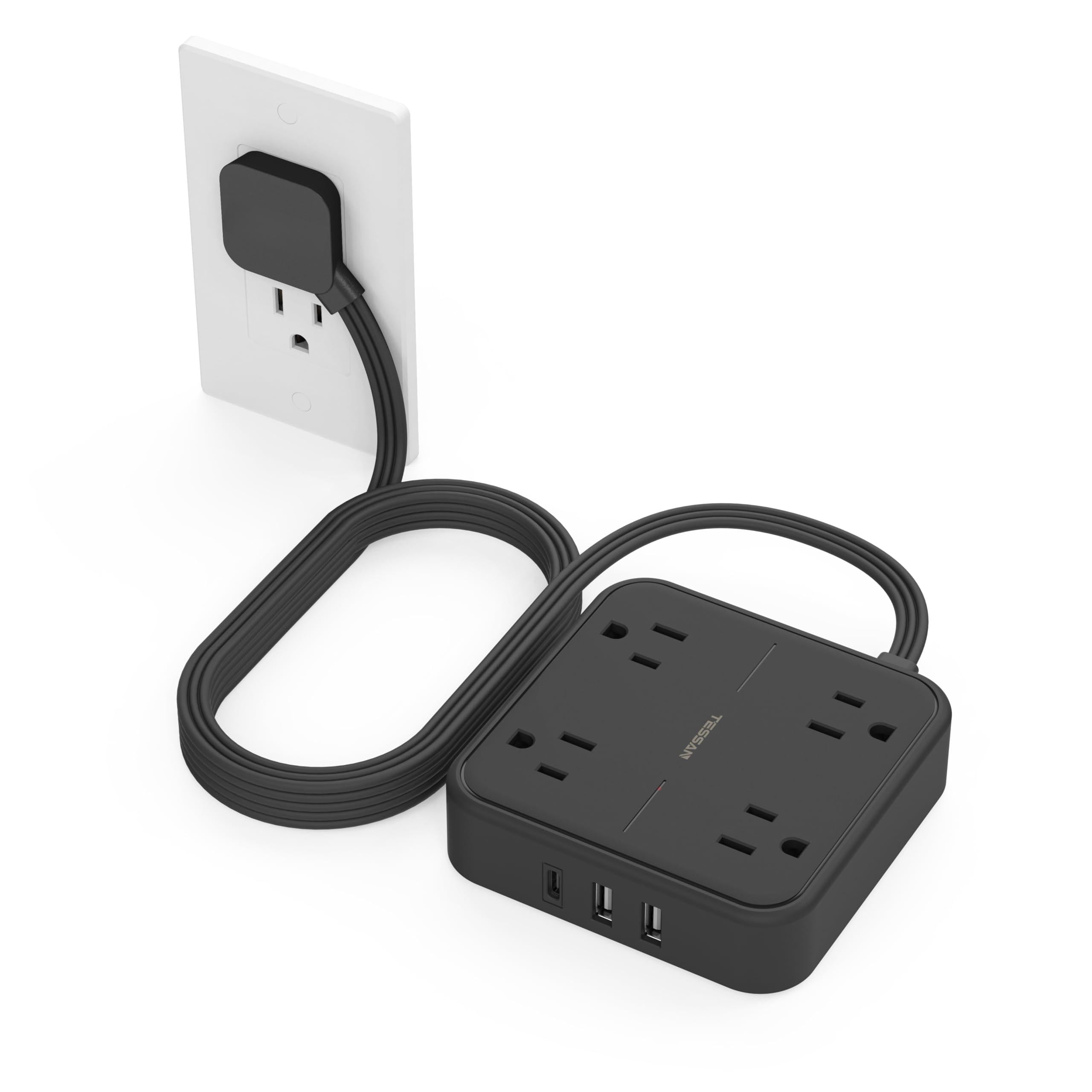 Surge Protector Flat Extension Cord 10ft  Plug Power Strip With 4 Outlets 3 Usb Ports (1 C) 900 Joules Protection Multiple Wall Outlet Extender Suitable For Home Office Dorm Black