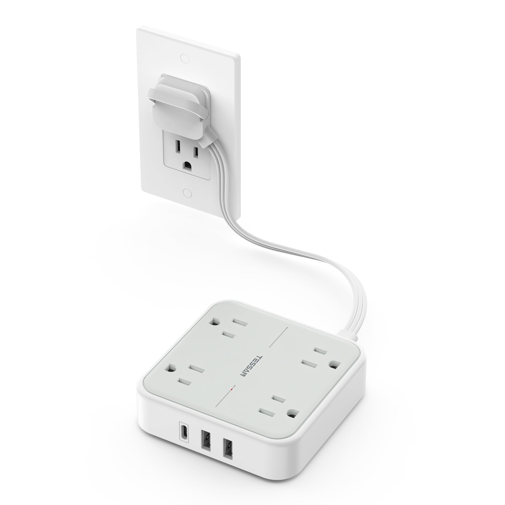 Surge Protector Flat Extension Cord 1ft  Ring Plug Power Strip With 4 Outlets 3 Usb Ports (1 C) 900 Joules Protection Multiple Wall Outlet Extender Suitable For Home Office Dorm Grey