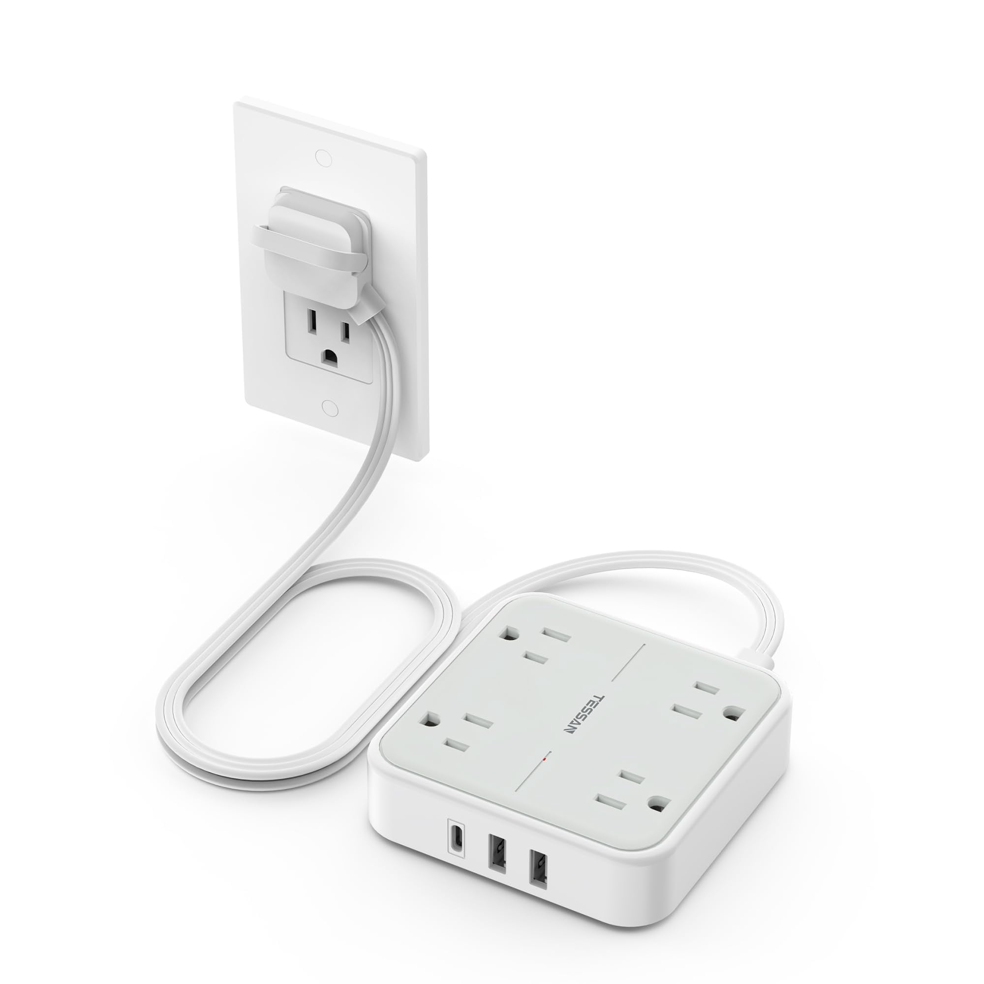 Surge Protector Flat Extension Cord 3ft  Ring Plug Power Strip With 4 Outlets 3 Usb Ports (1 C) 900 Joules Protection Multiple Wall Outlet Extender Suitable For Home Office Dorm Grey