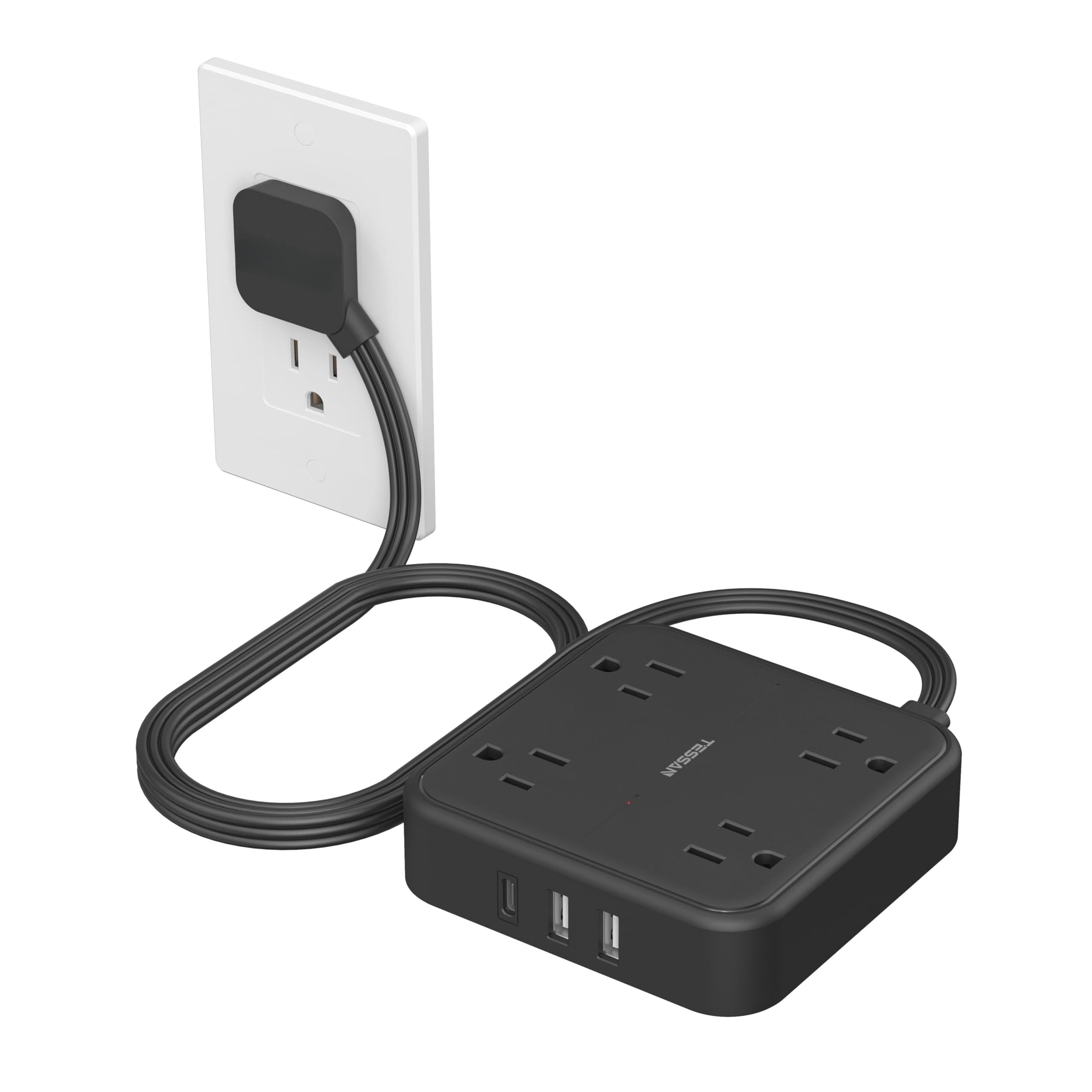 Surge Protector Flat Extension Cord 5ft  Plug Power Strip With 4 Outlets 3 Usb Ports (1 C) 900 Joules Protection Multiple Wall Outlet Extender Suitable For Home Office Dorm Black