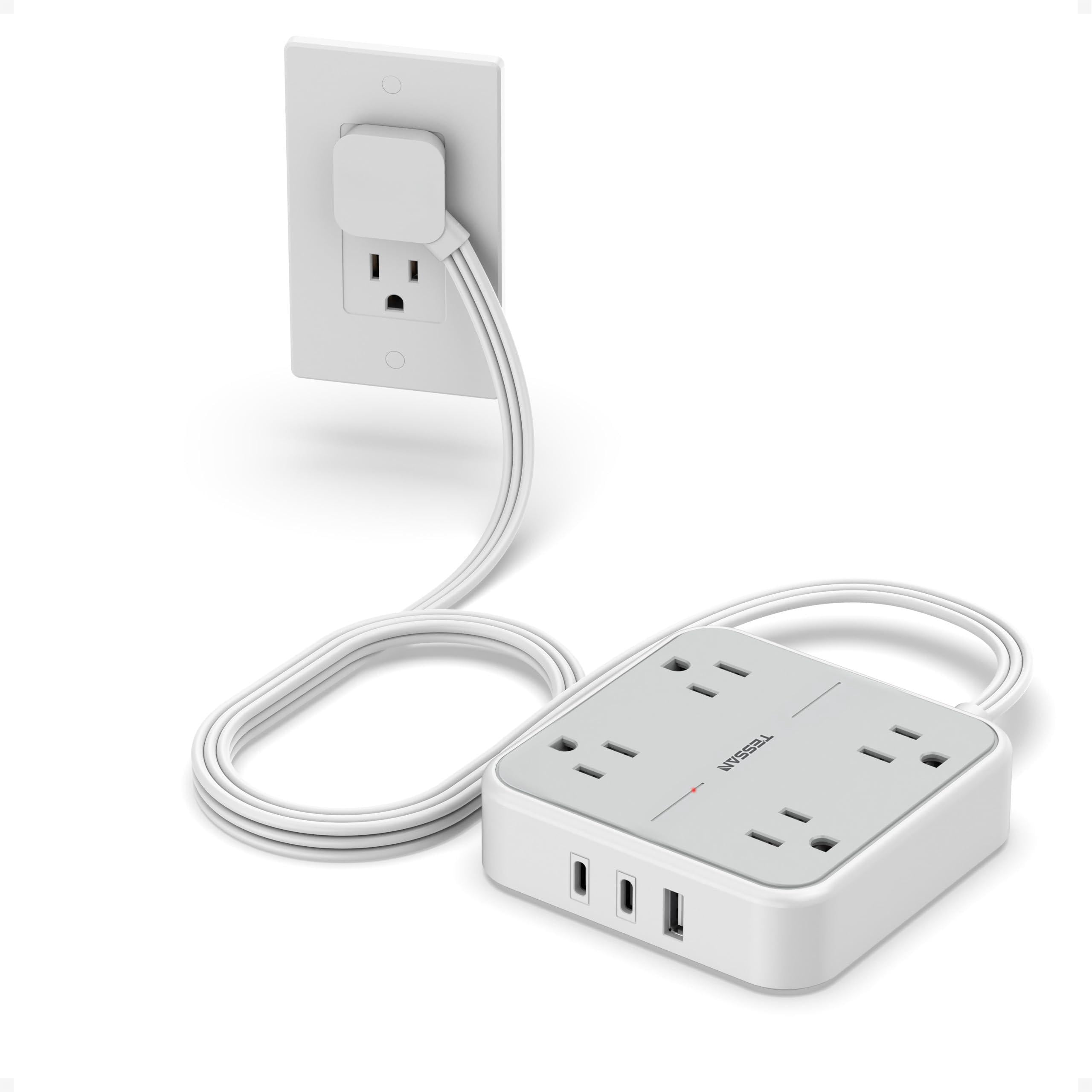 Surge Protector Flat Extension Cord 5ft  Plug Power Strip With 4 Outlets 3 Usb Ports (2 C) 900 Joules Protection Multiple Wall Outlet Extender Suitable For Home Office Dorm Grey