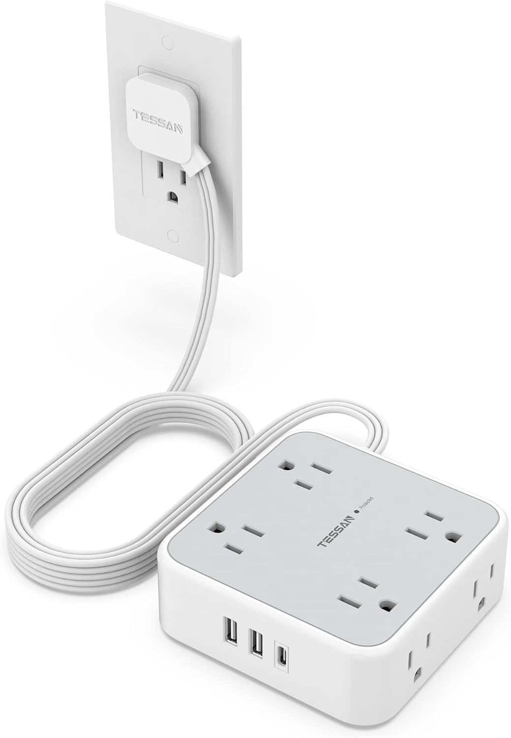 Surge Protector Flat Extension Cord Flat Plug Power Strip, 8 AC Outlets ...