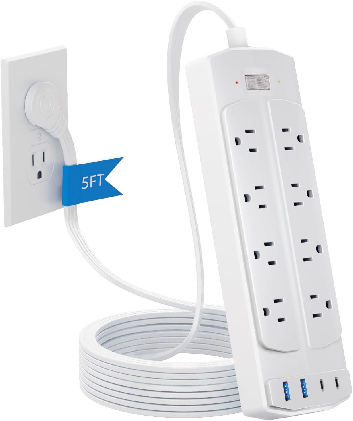 Surge Protector , Flat Plug Extension Cord with 8 AC Outlets & 4 USB Ports (2 USB-C), 5 FT Power Cord, 1200 Joules, Wall Mount, Desk Charging Station for Home Office, White