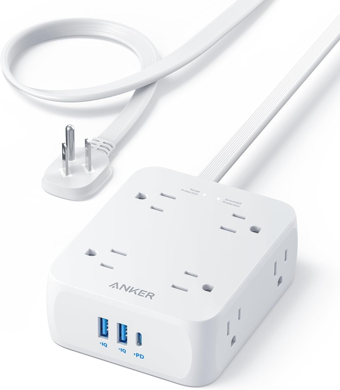 White 8-Outlet Power Strip with USB-C and USB-A Ports