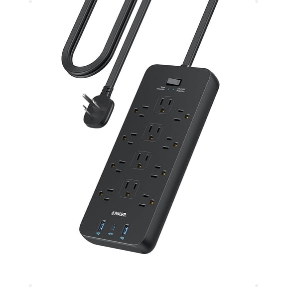 Anker Surge Protector Flat Plug Power Strip(2100J), 12 AC Outlets, 5feet Flat Extension Cord, 1USB C and 2 USB Ports for Multiple Devices, 20W Fast Charging for Home, Office, Dorm Essential, TUV