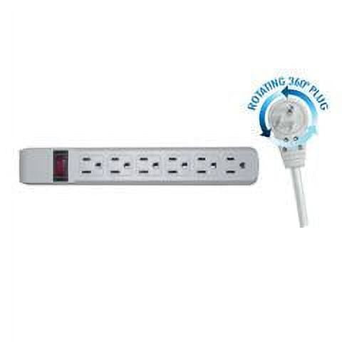 CableWholesale's Surge Protector, Flat Rotating Plug, 6 Outlet, Gray Horizontal Outlets, Plastic, Power Cord 4 foot