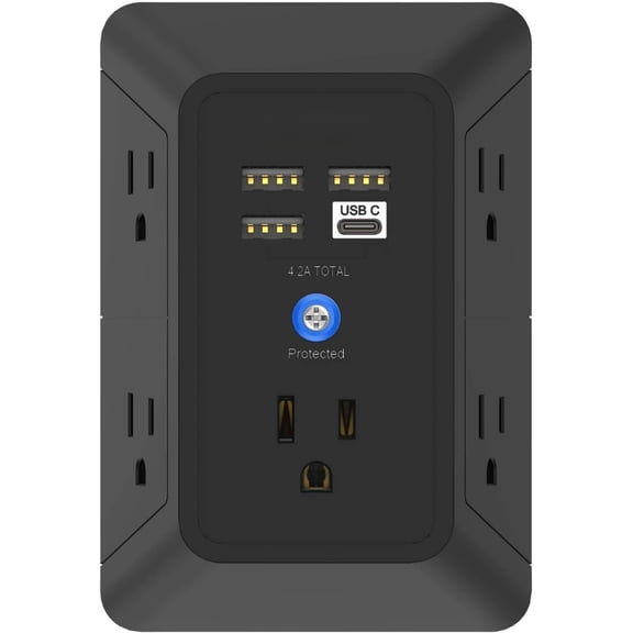 Surge Protector Outlet with 5-Multi Plug Outlet and 4 USB Ports (1 USB C), 3-Sided 1680J Power Strip Wall Charger for , Travel, Office - ETL Listed, Black