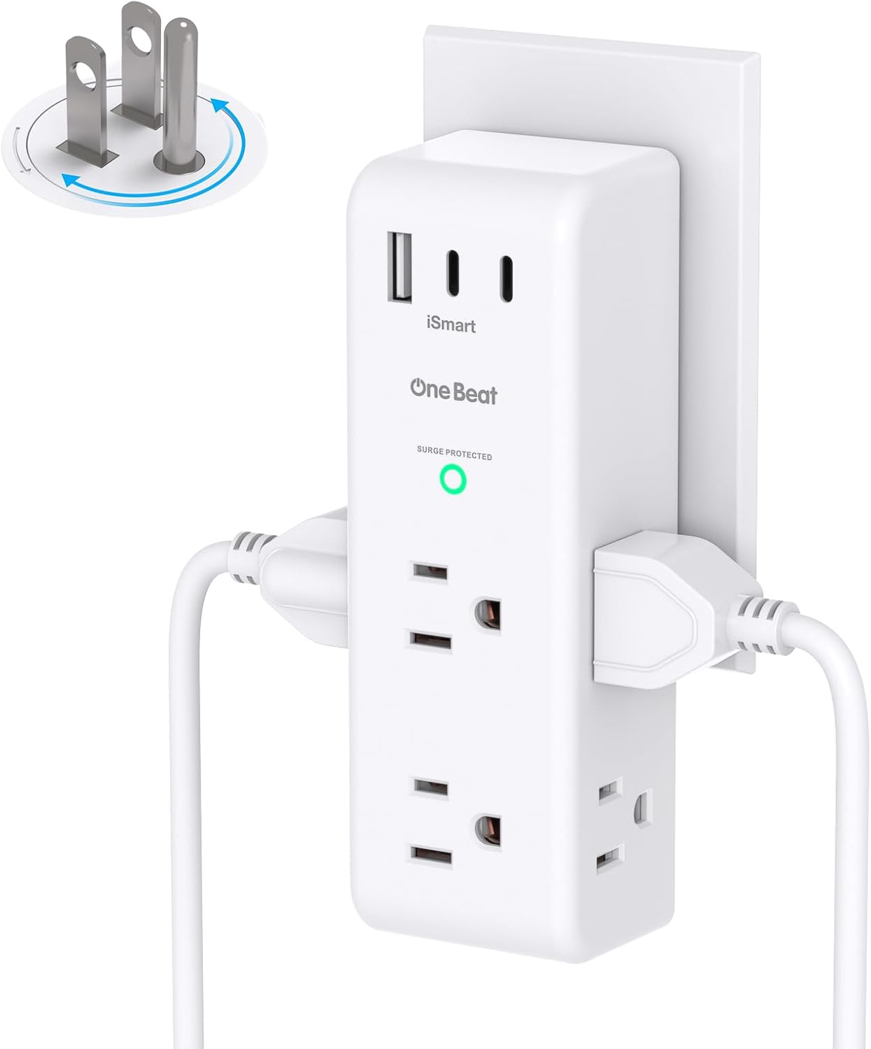 Surge Protector Outlet Extender, 6 AC Outlets & 3 USB Ports(2 USB C), 1800J 3-Sided Rotating Swivel Plug, White for Home Office Dorm