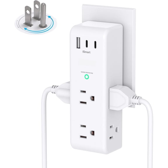 Surge Protector Outlet Extender with Rotating Plug, 6 AC Multi Plug Outlet with 3  Ports (2  C), 1800 Joules, 3-Sided Swivel Power Strip with Spaced Outlet Splitter for , Office, Dorm, White