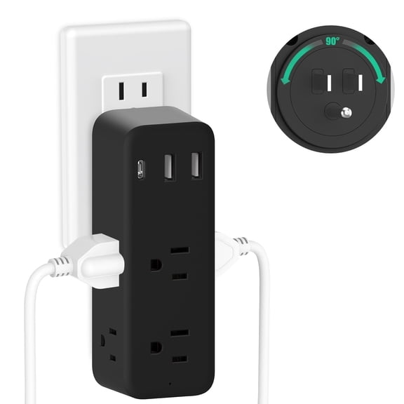 BOHASHIN Outlet Extender, 6 Outlet Extension with 1 USB-A 2 USB-C Wall Charger, Multi Plug Outlet Splitter, 1700 Joules, 3-Sided Swivel Power Strip Spaced Splitter for Home, Office, Travel(Black)