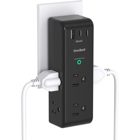 Surge Protector Outlet Extender with Rotating Plug, 6 AC Multi Plug Outlet with 3 USB Ports (2 USB C), 1800J Wall Charger Swivel Power Adapter with Spaced Outlet Splitter for Home Office Dorm, Black