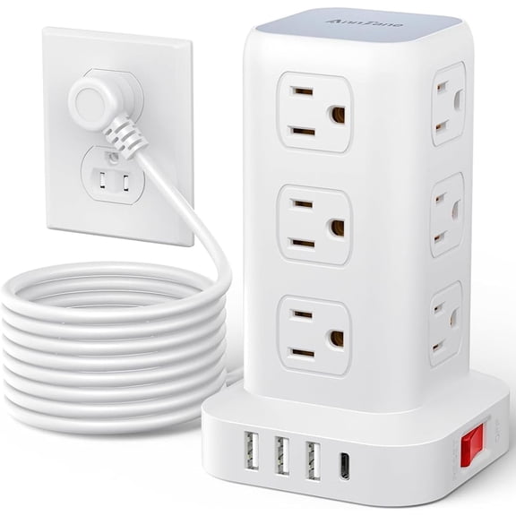 Surge Protector Power Strip 10 FT Cord, Power Strip Tower with 4 Ports (1USB C), Extension Cord with 12 AC Multiple Outlets, Office Supplies Desk Accessories, Dorm Room Essentials