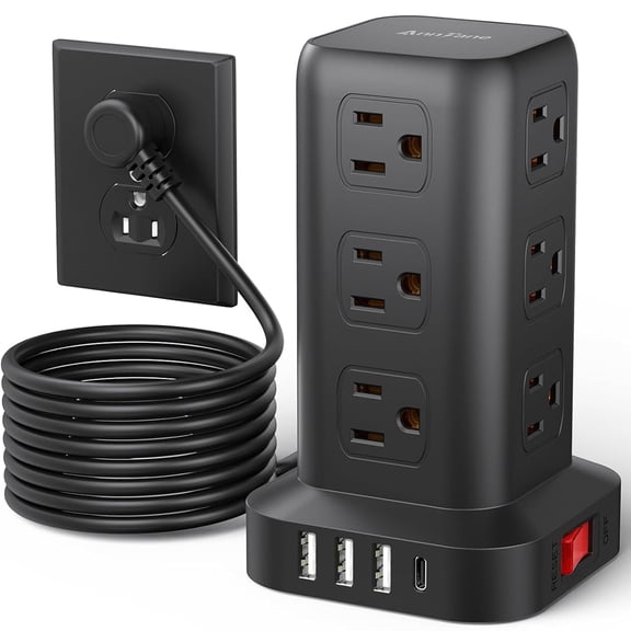 Surge Protector Power Strip 10 FT Cord, Power Strip Tower with 4 USB Ports (1USB C), Extension Cord with 12 AC Multiple Outlets, Home Office Supplies Desk Accessories, Dorm Room Essentials