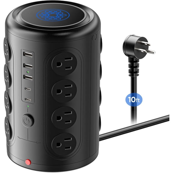 Surge Protector Power Strip 10 FT Cord, Vertical Power Tower with 16 Outlets and 5 USB Ports (2 USB-C), 1875W 2000J Charging Station for Home Office Desk, Dorm Room Essentials, Black