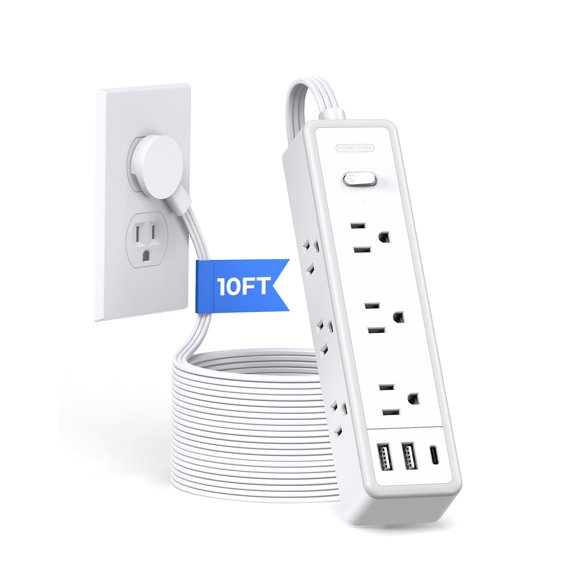 Surge Protector Power Strip 10 FT, Flat Extension Cord with 9 Widely Outlets 3 USB Ports(1 USB C), 1080J, Flat Plug, 3 Side Extension Cord with Multiple Outlets, Mounted, for Indoor Home Office, Whit