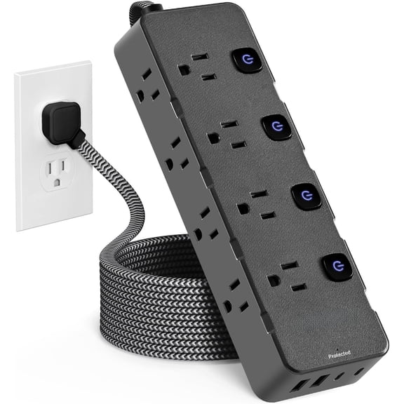 Surge Protector Power Strip 10 Ft - 8 Widely AC Outlet 4 Ports(2 C), Flat Plug Extension Cord with Multiple Outlets, Individual Switches, Desk Extender for Dorm, , Office Essentials, 1400J
